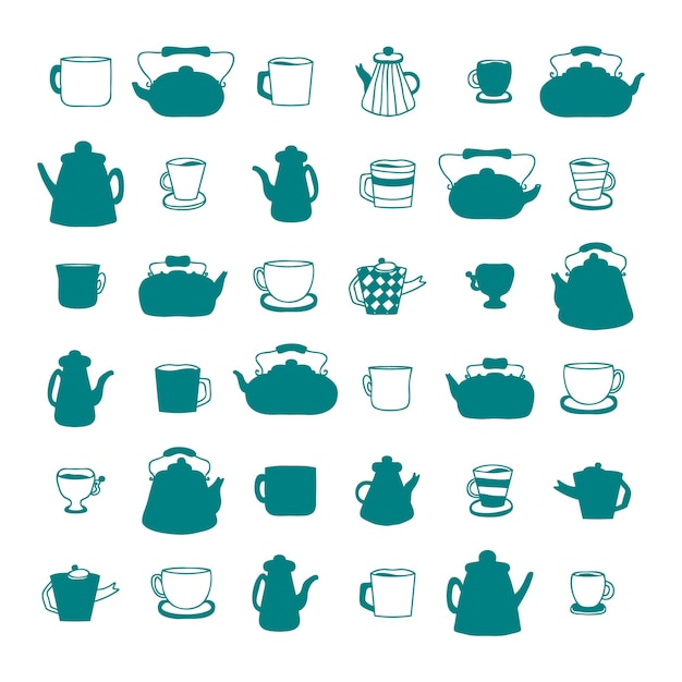 Vector monochrome teapot cups and mugs silhouette collection perfect for kitchen towel dishcloth stationery poster and print doodle vector illustration isolated on white background