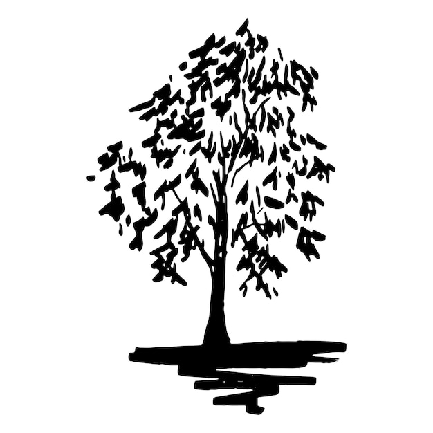 Monochrome tree silhouette sketched line art isolated vector