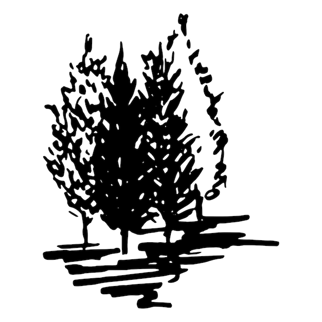 Vettore alberi monocromatici silhouette schizzo linea arte vettore isolato