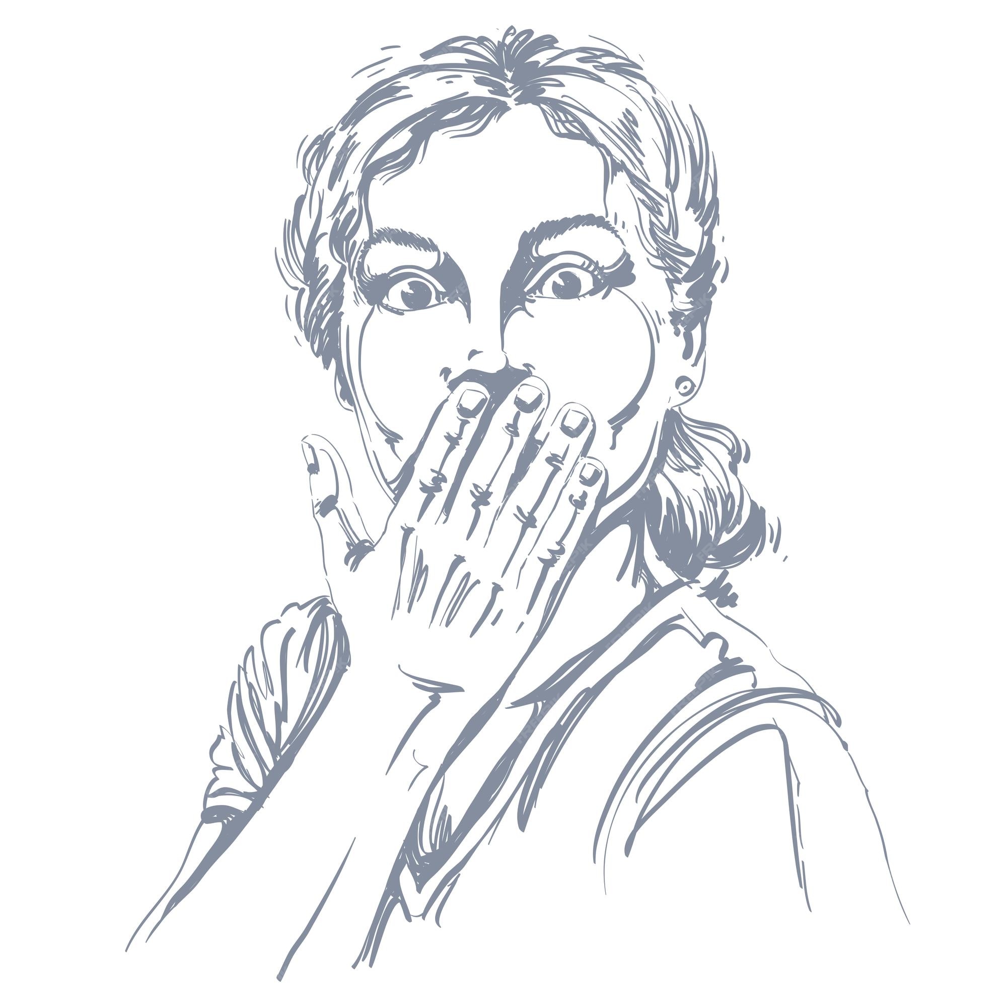 Sketch of scared girl with hand covers her mouth, Stock Illustration by  ©vvoennyy #267632918