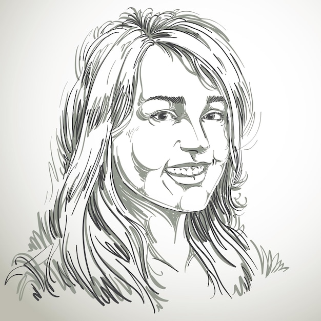 Vettore immagine disegnata a mano vettoriale monocromatica, giovane donna felice sorridente. illustrazione in bianco e nero di una ragazza allegra e sincera con lineamenti delicati.