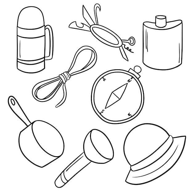 Monochrome vector illustration a set of items for tourism and summer holidays traveling