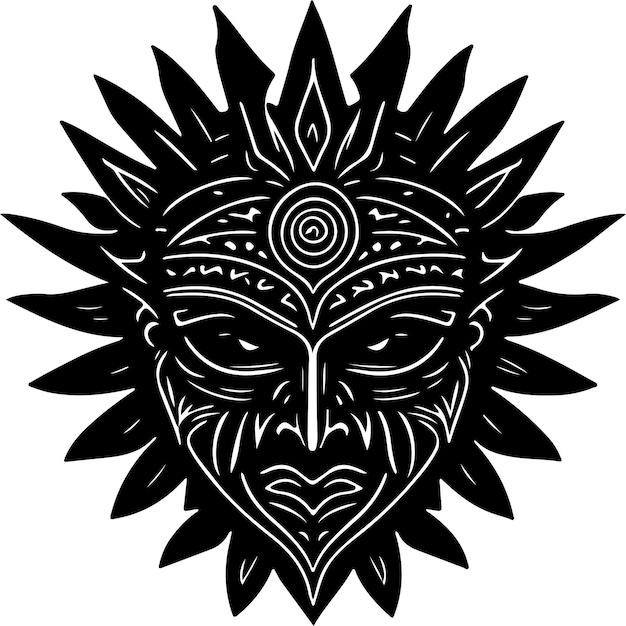 Monochrome vector illustration of sun face on white background tribal figure logo symboltatoo