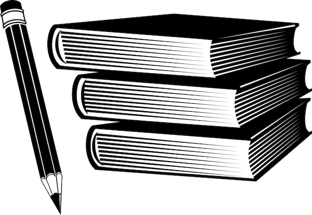 Monochrome Vector Image Of A Pencil And Three Books Isolated On Transparent Background