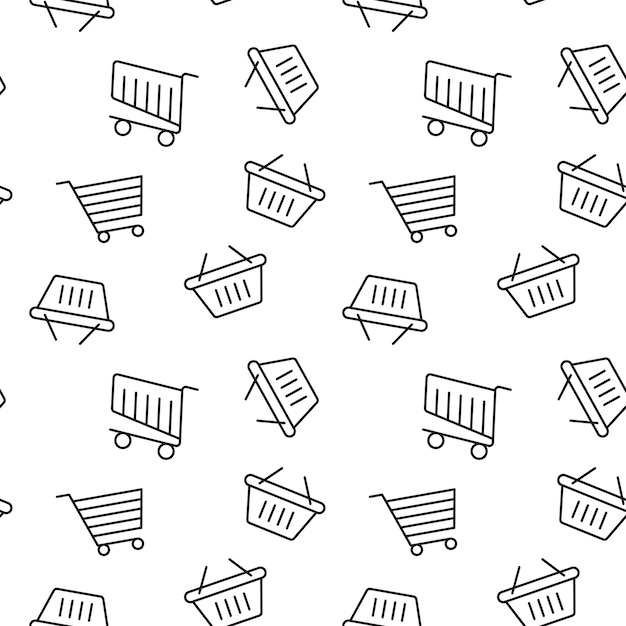 Vector monochrome vector seamless pattern of basket and trolley for shopping for web sites and polygraphy