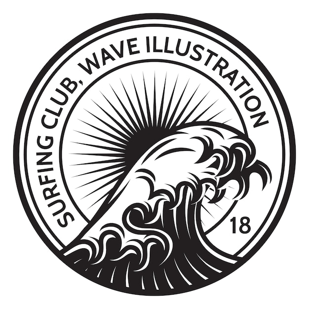 Monochrome vector template with a wave of water on the theme of surfing