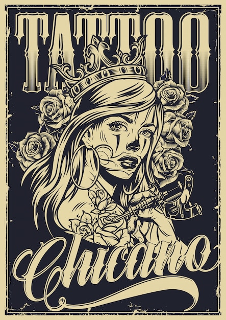 Vettore poster tatuaggio chicano vintage monocromatico