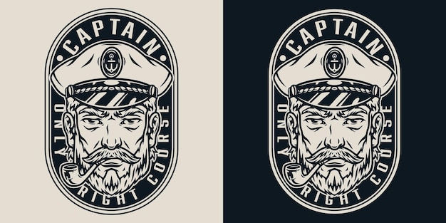 Emblema marino vintage monocromatico con iscrizioni con marinaio in cappello da capitano marinaio che fuma la pipa