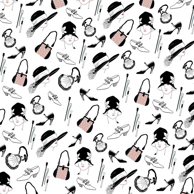 Vector monochrome vintage pattern of womens accessories