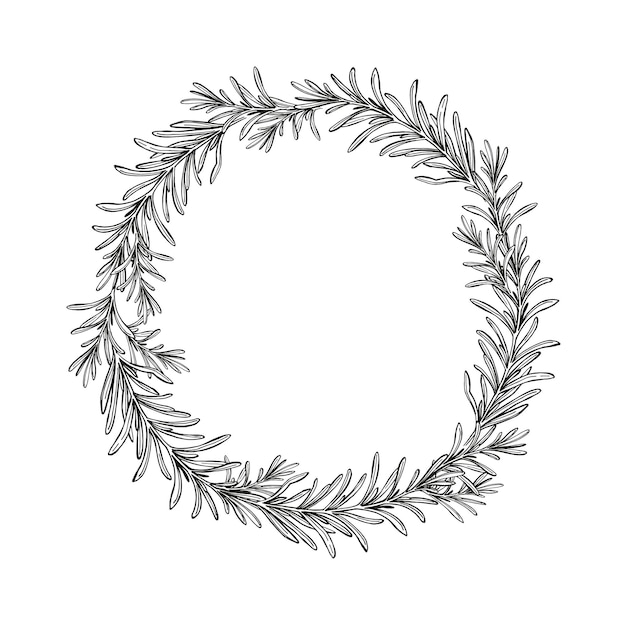 Vector monochrome wreath with hand drawn vector illustration of rosemary brunch black and white inked sketch of herb spice plant isolated on white background