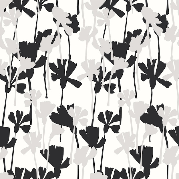 Monochroom abstract naadloos patroon zwart-wit botanische illustratie bloemen silhouetten