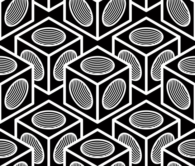 Monochroom abstract verweven geometrische naadloze patroon. Vector zwart-wit illusoire achtergrond met driedimensionale verstrengelde figuren. Grafische eigentijdse bekleding.