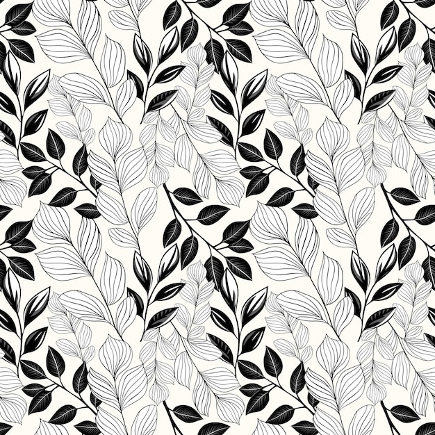 Monochroom botanisch patroon Naadloze achtergrond met bladeren Met de hand getekende bloemen behang