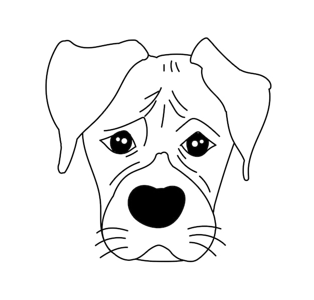 Monochroom boxer hond schattig hoofd en uitdrukking gezicht Vector hand getekende illustratie geïsoleerd op een witte achtergrond