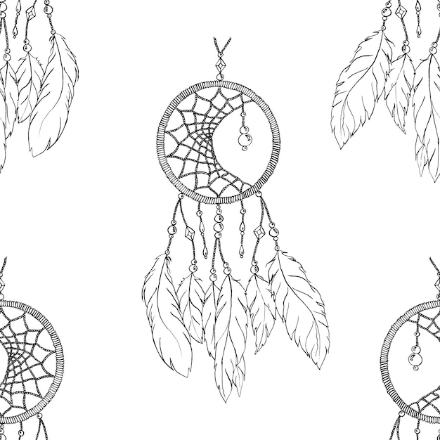 Monochroom etnische handgemaakte veer dream catcher naadloze patroon vector