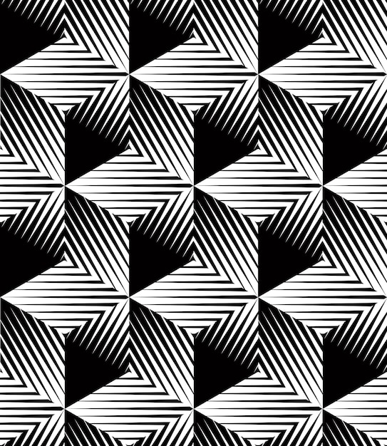 Monochroom illusoire abstracte geometrische naadloze patroon met 3D geometrische figuren. Vector zwart-wit gestreepte achtergrond.