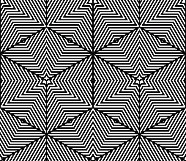 Monochroom illusoire abstracte geometrische naadloze patroon met 3D geometrische figuren. Vector zwart-wit gestreepte achtergrond.