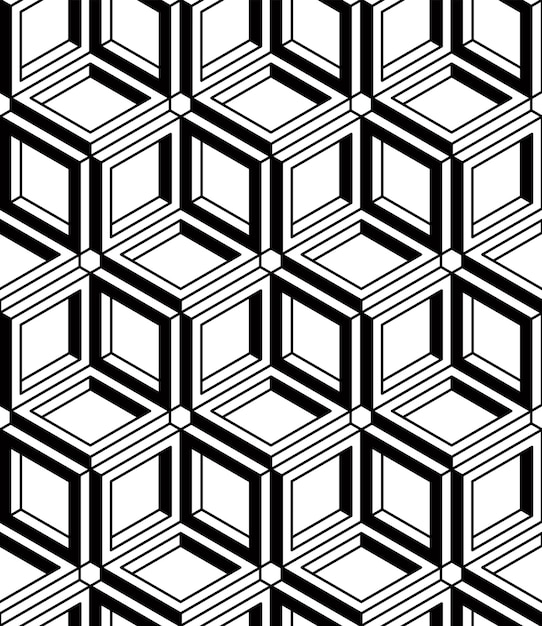 Monochroom illusoire abstracte geometrische naadloze patroon met 3D geometrische figuren. Vector zwart-wit gestreepte achtergrond.