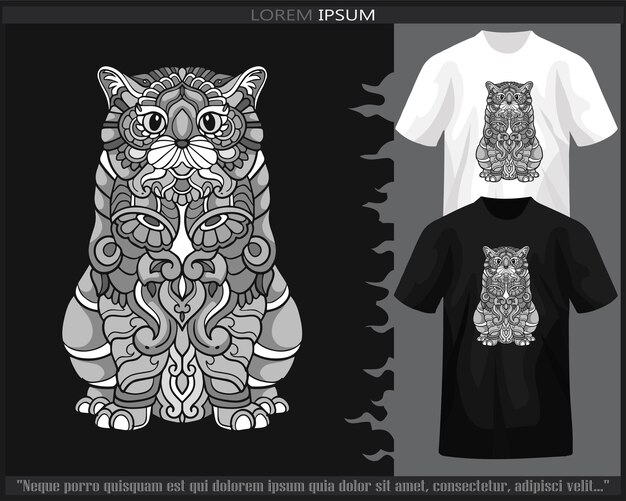 Monochroom kat mandala arts geïsoleerd op zwart-wit t-shirt