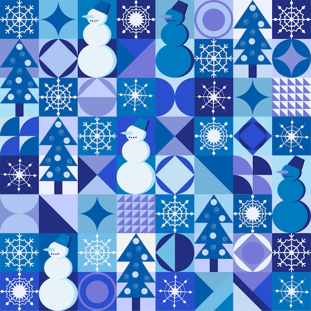 Vector monochroom kerst naadloze patroon met sparren en sneeuwmannen in blauwe kleuren ontwerp voor cadeaupapier scrapbooking behang home decor baby kleding stof