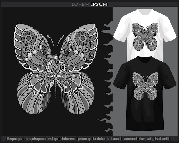 Monochroom kleur vlinder mandala arts geïsoleerd op zwart-wit t-shirt