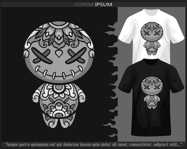 Monochroom kleur Voodoo-poppen mandala arts geïsoleerd op zwart-wit t-shirt