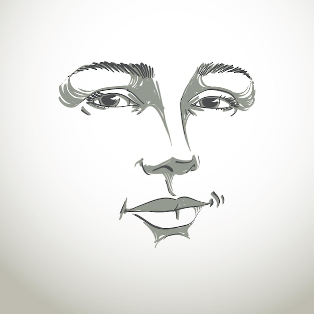 Vector monochroom kunst vector portret van flirtende vrouw, gezichtsuitdrukkingen thema illustratie. mooie sexy dame die zich voordeed op witte achtergrond, meisje met aantrekkelijke gezichtskenmerken.