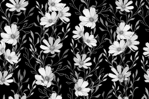 Monochroom naadloos patroon met wilde bloemen