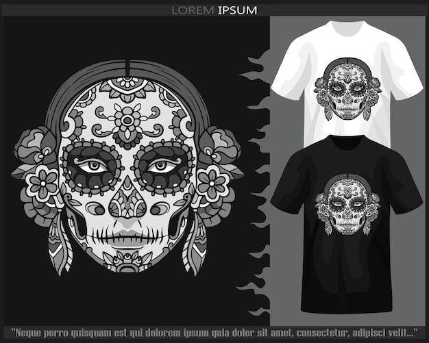 Monochroom schedel hoofd mandala arts geïsoleerd op zwart-wit t-shirt