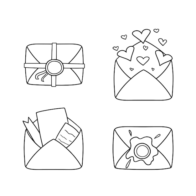 Vector monochroom set badges romantische vintage envelop met zegellak en linten vector cartoon