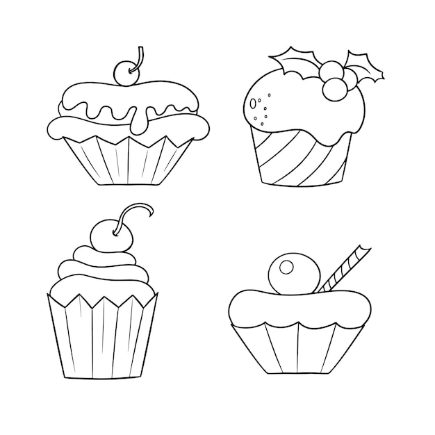 Monochroom set iconen heerlijke cupcakes met delicate room en bessen vector cartoon