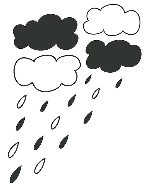 Monochroom vectorillustratie van vier wolken en regendruppels geïsoleerd op een witte achtergrond.