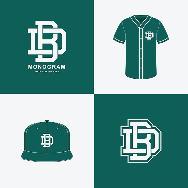 Monogram BD or DB for football, basketball, baseball, clothing on t-shirt and snapback mockup design