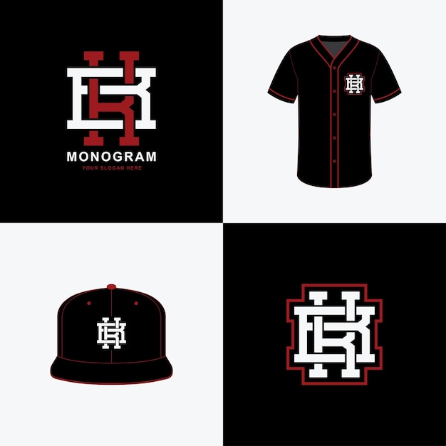 Monogram BK or KB for football, basketball, baseball, clothing on t-shirt and snapback mockup design