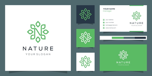 ベクトル モノグラムデザインの文字nと線画スタイルを使用した葉。ロゴと名刺。