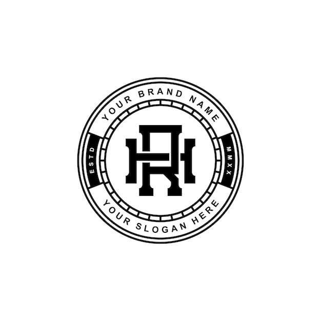 Lettera monogramma hr o rh con disegno di distintivo in stile interlock per abbigliamento di marca, abbigliamento per strada