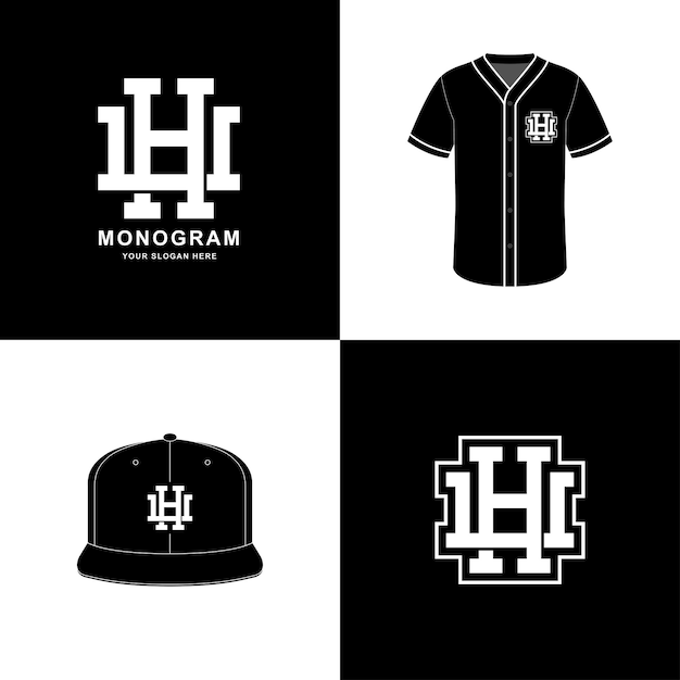 Monogram sport en plaat initiële hu of uh voor kleding op t-shirt en snapback mockup-ontwerp