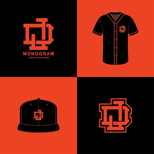 Vector monogram sport en slab initiaal dj of jd voor kleding, kleding op t-shirt en snapback mockup-ontwerp