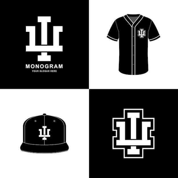 Monogramma sportivo e lastra iu o ui iniziale per abbigliamento su tshirt e design di mockup snapback