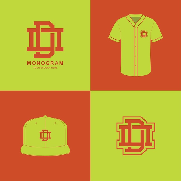Monogram sport and slab initial DO or OD for clothing, apparel on t-shirt and snapback mockup design