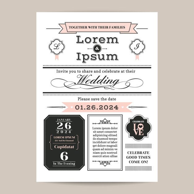 Monogram wedding invitation template with black, white and pink pastel color