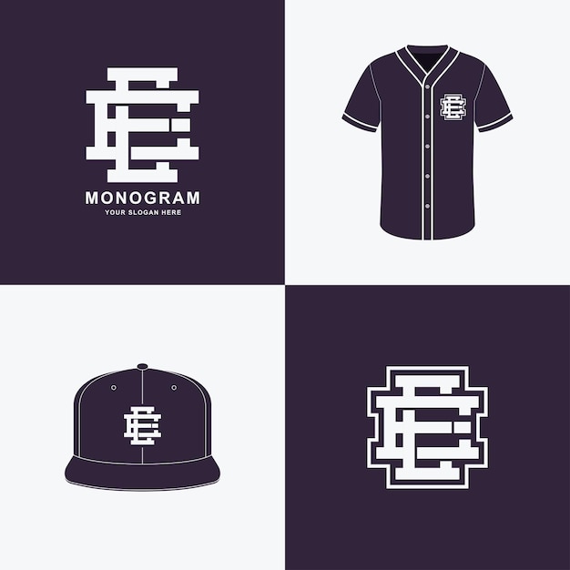 Monogramsport en plak aanvankelijk E of EE voor kledingkleding op t-shirt en snapback modelontwerp