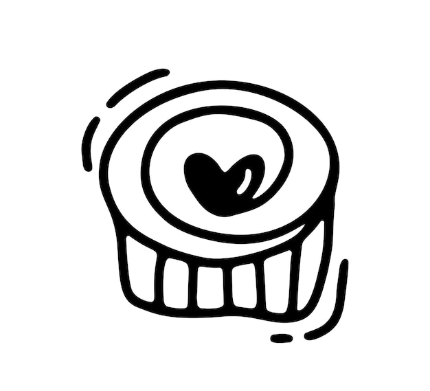 Muffin carino monoline con cuore icona disegnata a mano del giorno di san valentino vettoriale doodle di schizzo festivo