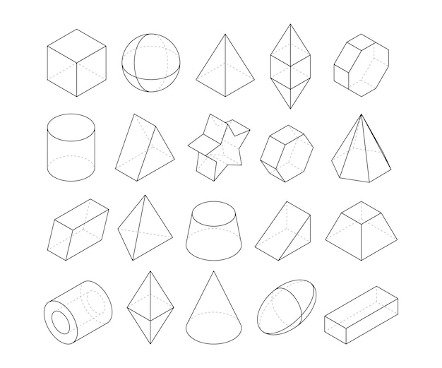 Vettore illustrazioni di monoline. cornici di diverse forme geometriche. poligono di figura geometria lineare, ottaedro e piramide, cono geometrico e sfera