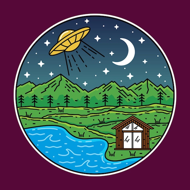 monoline mountain with ufo badge design