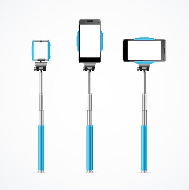 Monopod selfie blauwe set geïsoleerd.