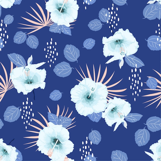 Monotone blauw naadloos vectorhibiscus exotisch bloemenpatroon,