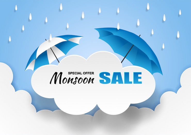 Vector monsoon, rainy season sale banner . cloud rain and umbrella on blue sky. 