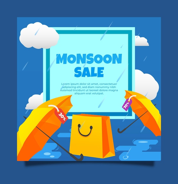 Vector monsoon sale background with umbrella and discount tag