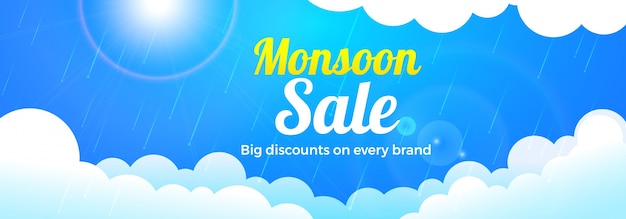 Monsoon sale banner design with clouds.